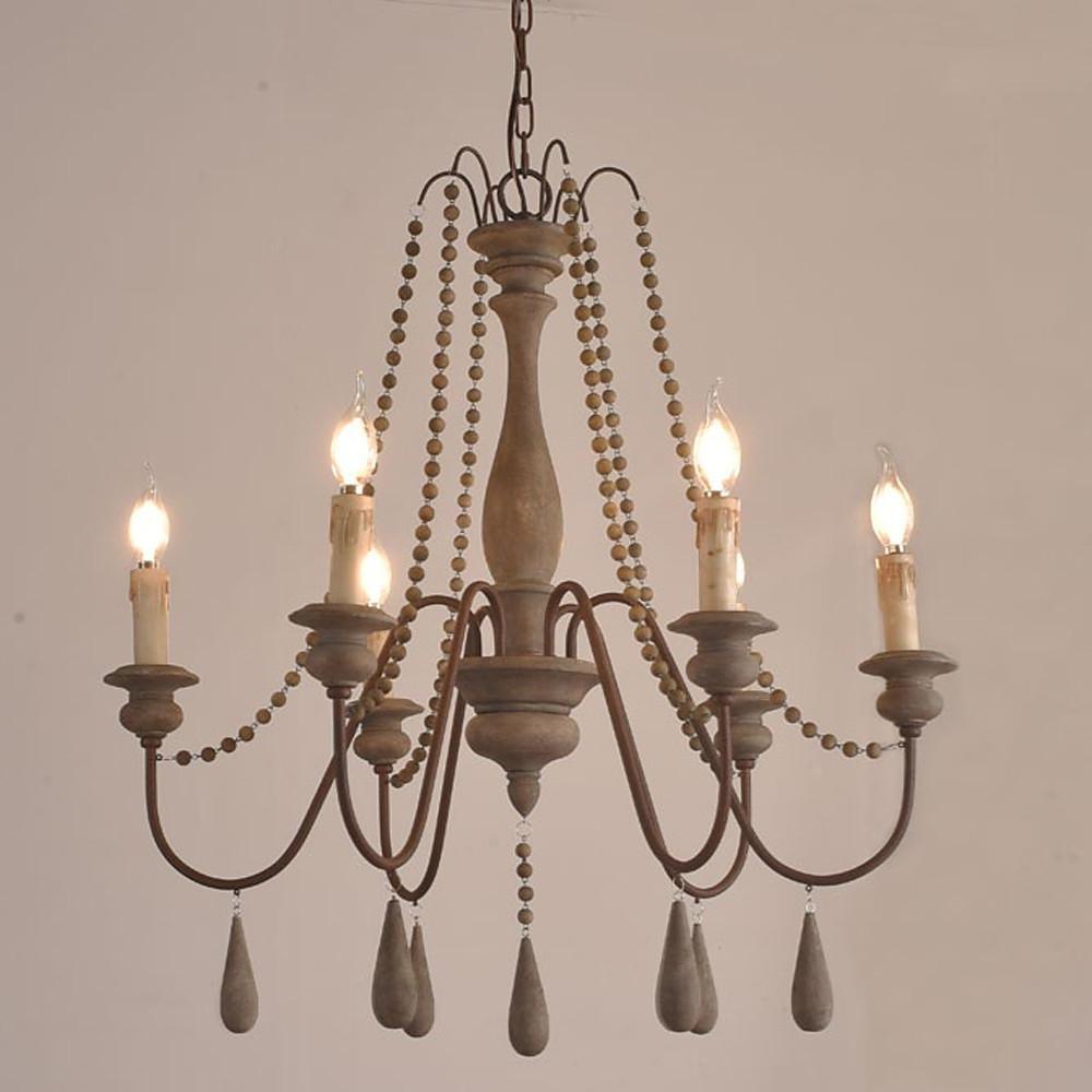 Rustic Farmhouse Wood Bead Chandelier with Teardrops Candle Style Lights