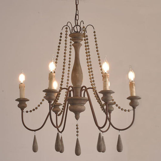 Rustic Farmhouse Wood Bead Chandelier with Teardrops Candle Style Lights