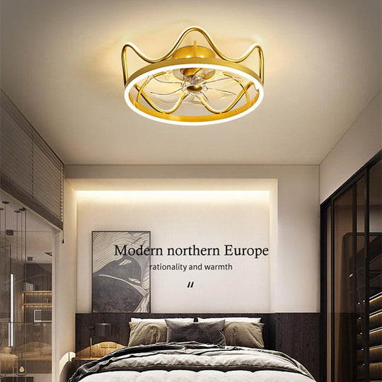 Crown Shape Gold Black Ceiling Fan with Light – Geometric LED Flush Mount