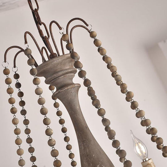 Rustic Farmhouse Wood Bead Chandelier with Teardrops Candle Style Lights
