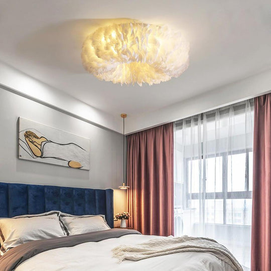 Round Feathers LED Nordic Ceiling Light Flush Mount Chandelier