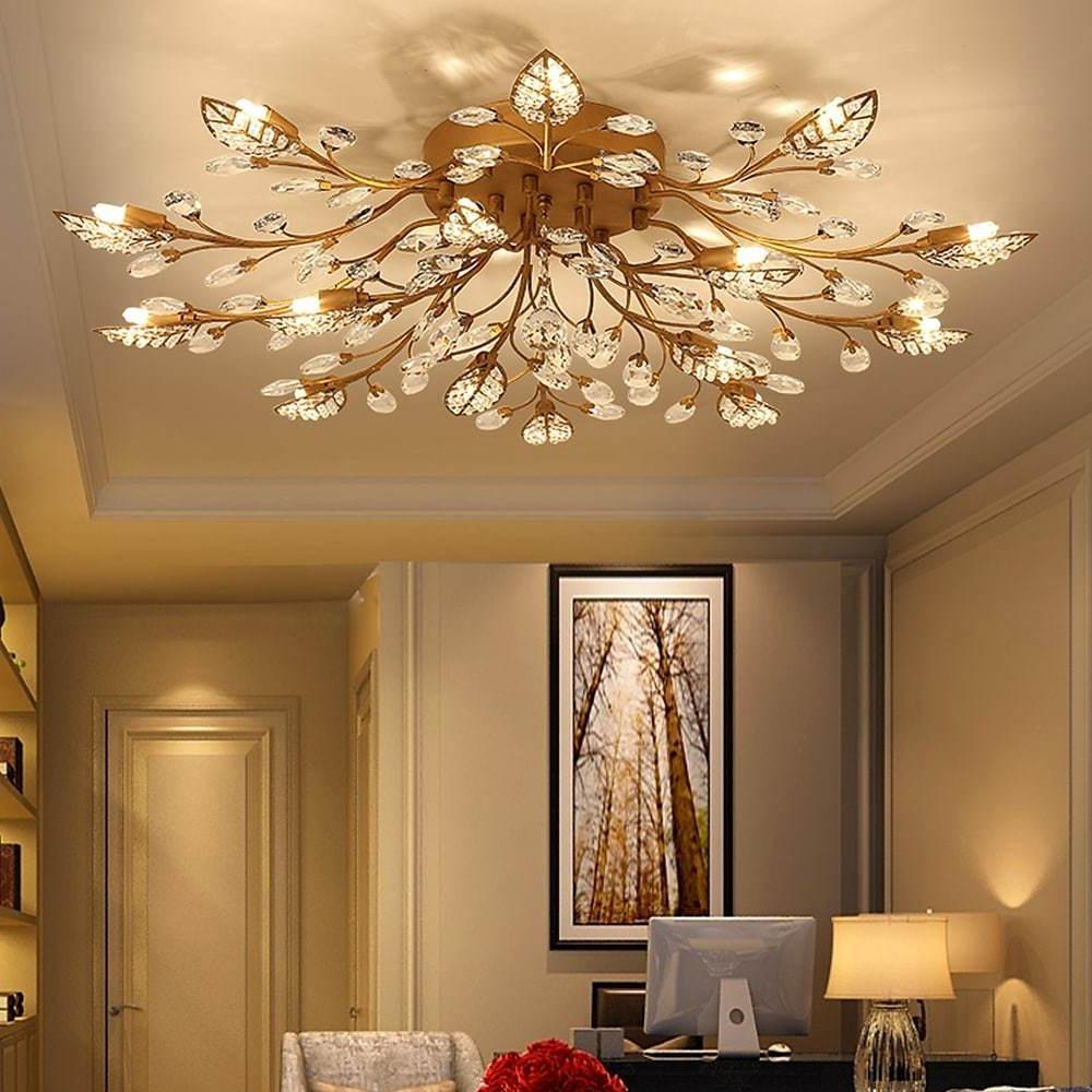 Crystal Leaves – Brushed Flush Mount Ceiling Chandelier for Living Room, Bedroom, and Dining Room