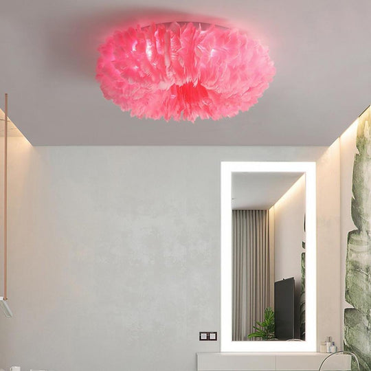 Round Feathers LED Nordic Ceiling Light Flush Mount Chandelier