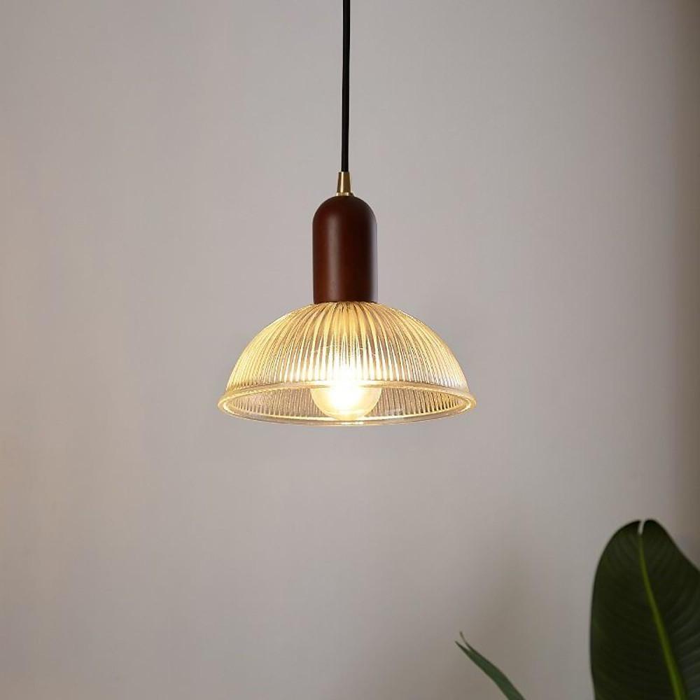 Country Glass and Wood Bowl Vintage Pendant Light