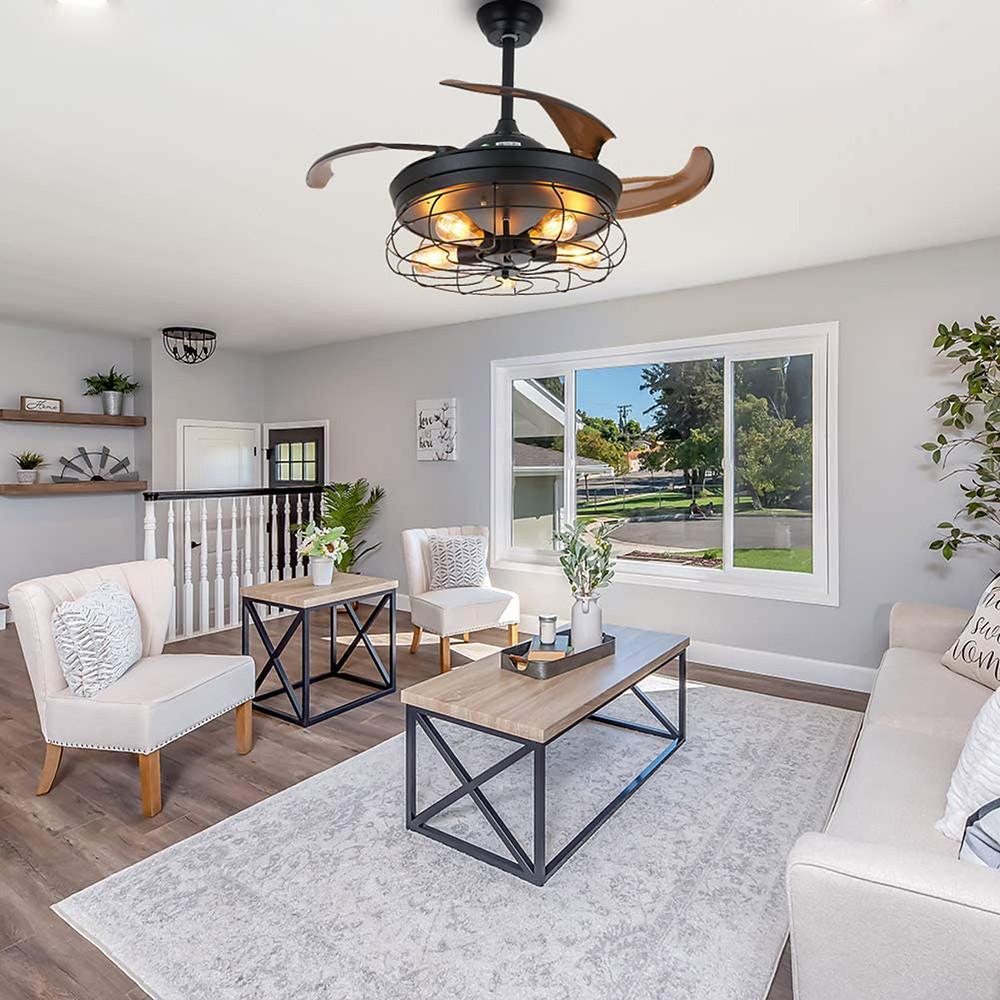 Farmhouse Style 3 Blade Retractable Ceiling Fan with LED Light
