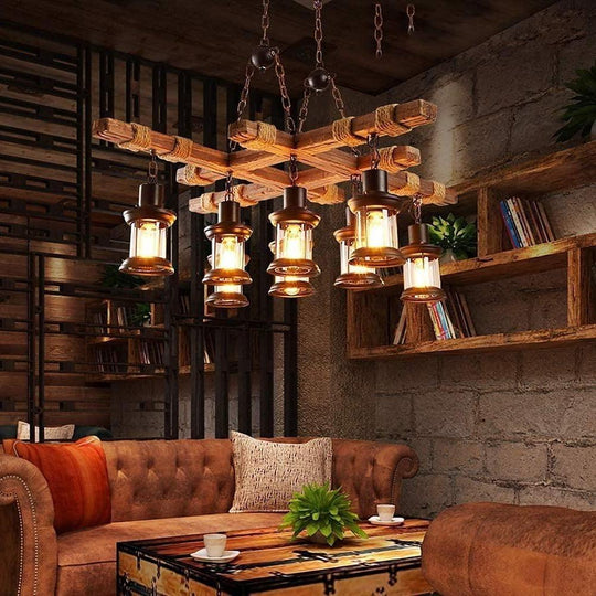 Vintage Wood and Glass LED Farmhouse Pendant Chandelier with 8 Lights