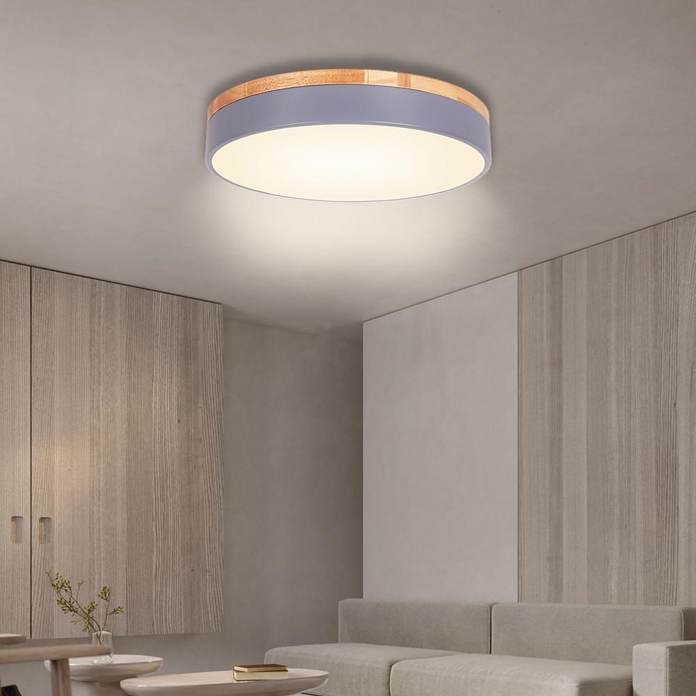 Circular Drum Flush Mount LED Ceiling Light with Metal and Wood Accents
