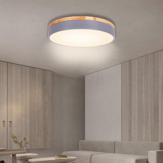 Circular Drum Flush Mount LED Ceiling Light with Metal and Wood Accents