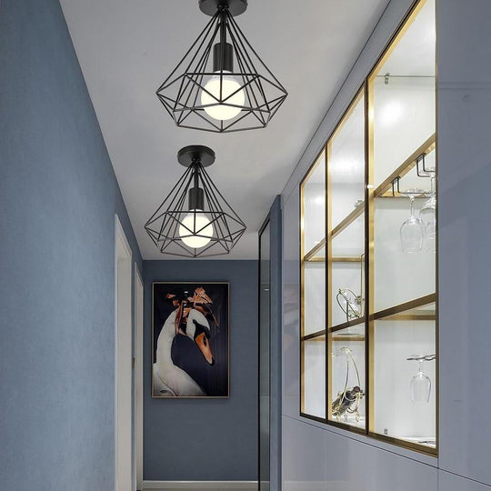 1-Light Mini Geometric Caged LED Flush Mount Ceiling Light – Retro Style