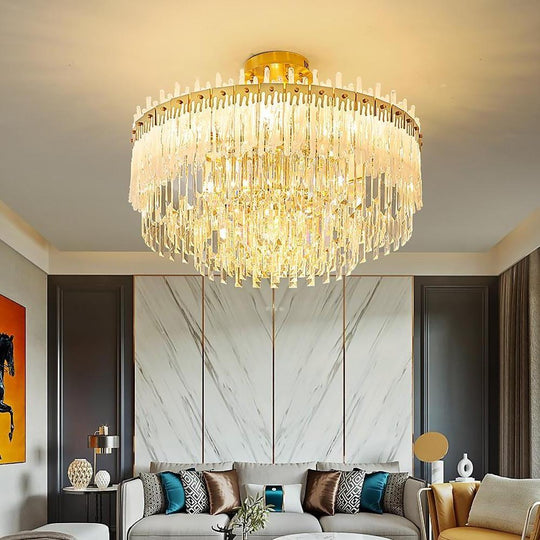 Nordic Style Round Gold Crystal LED Chandelier – 16" Adjustable Cord