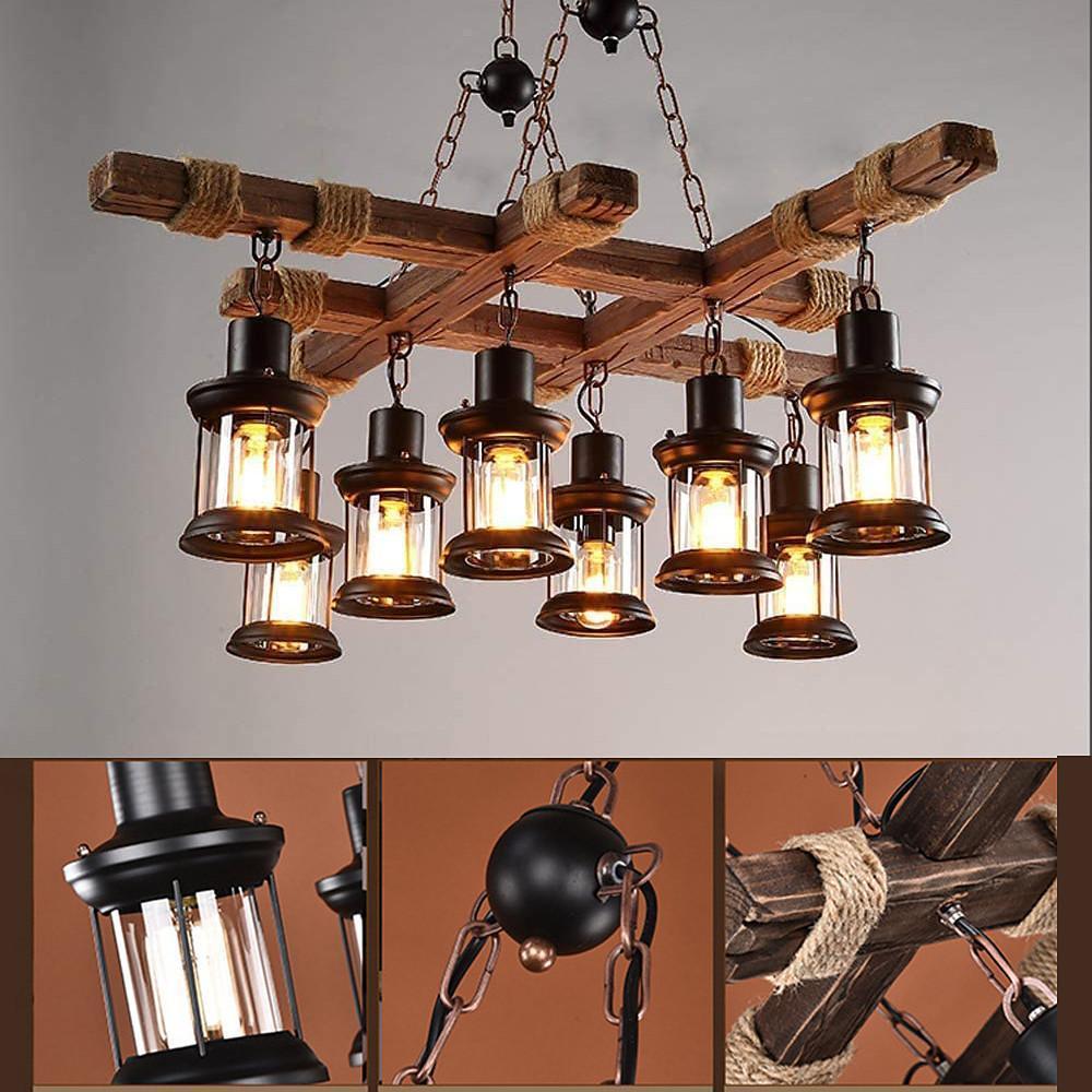 Vintage Wood and Glass LED Farmhouse Pendant Chandelier with 8 Lights