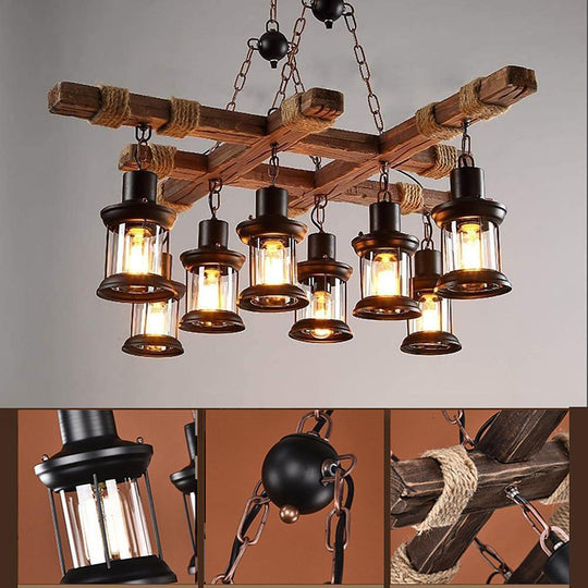 Vintage Wood and Glass LED Farmhouse Pendant Chandelier with 8 Lights