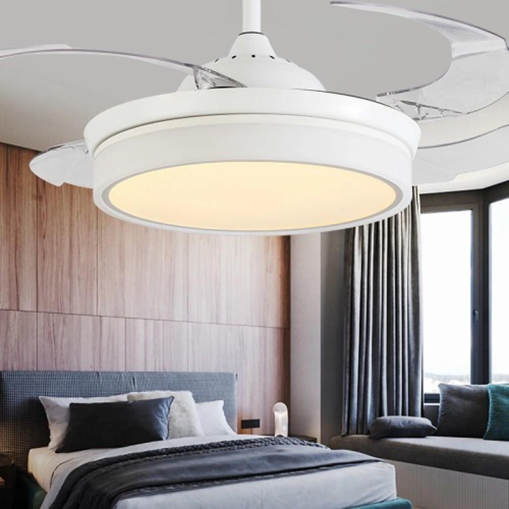 White LED Retractable Ceiling Fan with 4 Blades in 15 19 or 23 Inch