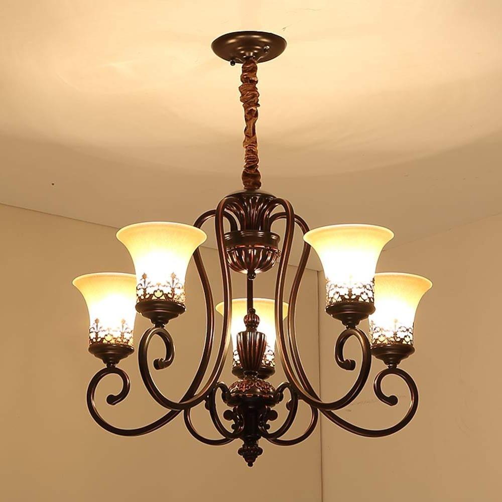 5-Light Bending Metal Bar Upside Down Glass Shade Vintage Chandelier Ceiling Light