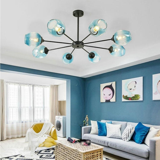 Blue Glass Sputnik Chandelier Metal See Glass Chandelier with 8 LED Lights