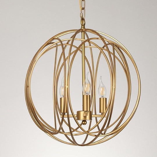 3 Light LED Brass Globe Cage Candlestick Orb Chandelier