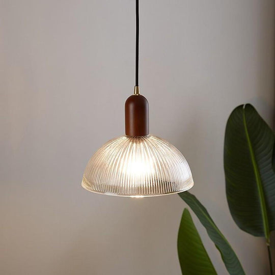 Country Glass and Wood Bowl Vintage Pendant Light